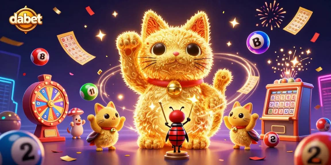 Dabet features vibrant lottery balls bouncing, a lucky cat, and festive casino symbols in a dynamic scene.