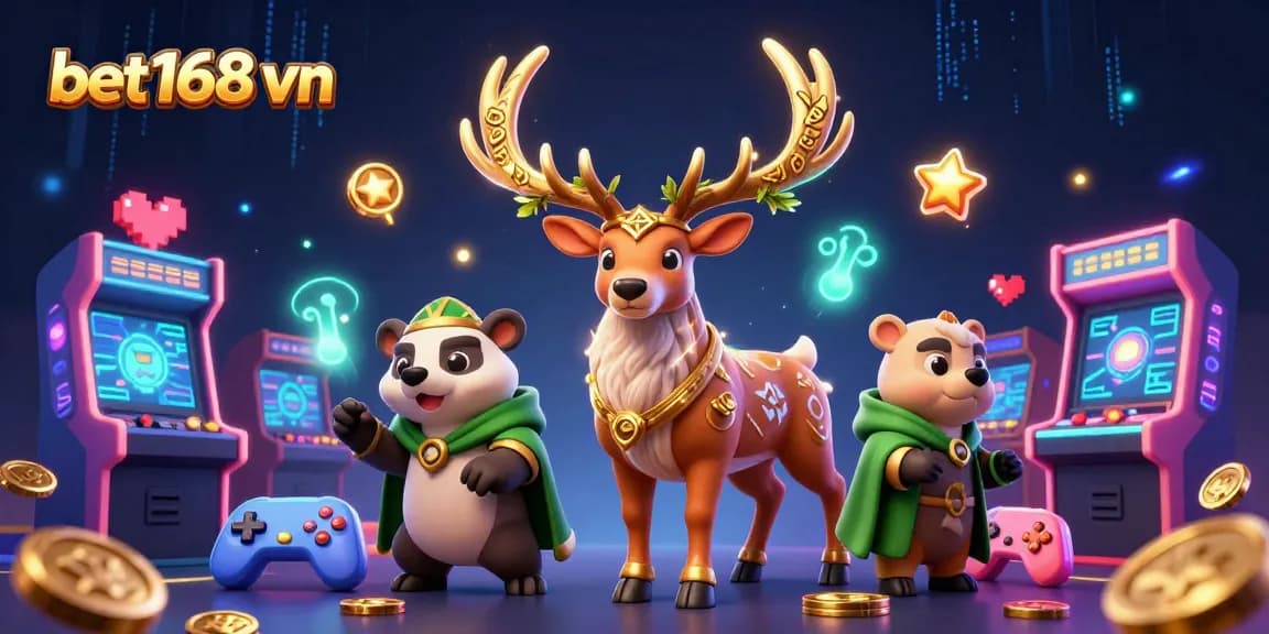 Bet168 vn showcases an adventurous scene with vibrant casino elements, featuring a druid stag and gaming machines.