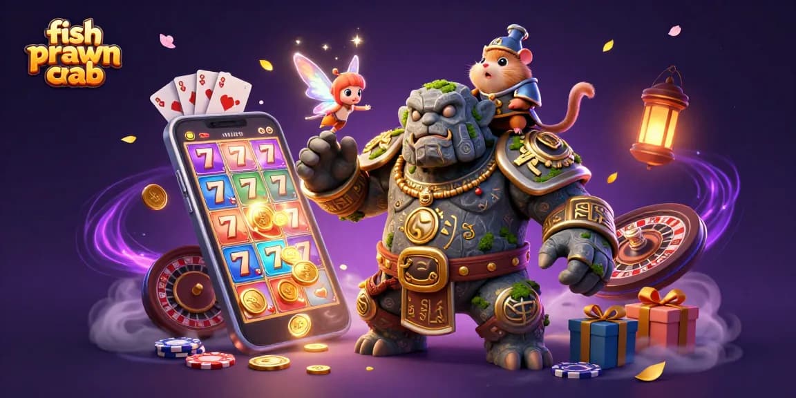 Spin to win on fish prawn crab-themed slot games with a lively golem and magical fairy.