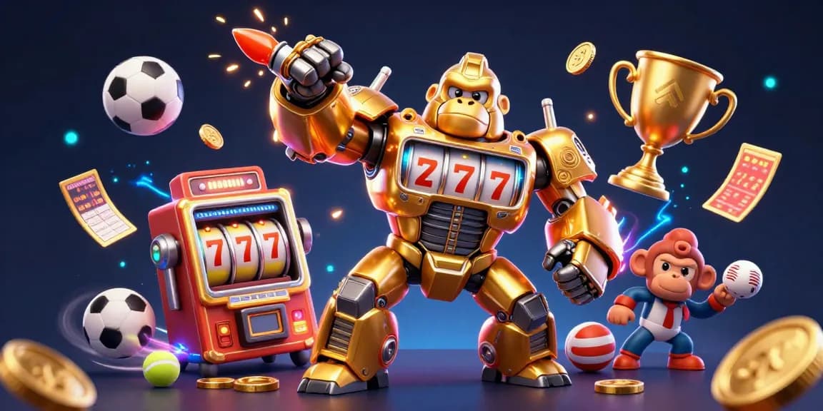 Dynamic betting action at Tx88 with a golden gorilla mech and sports elements exploding in excitement.