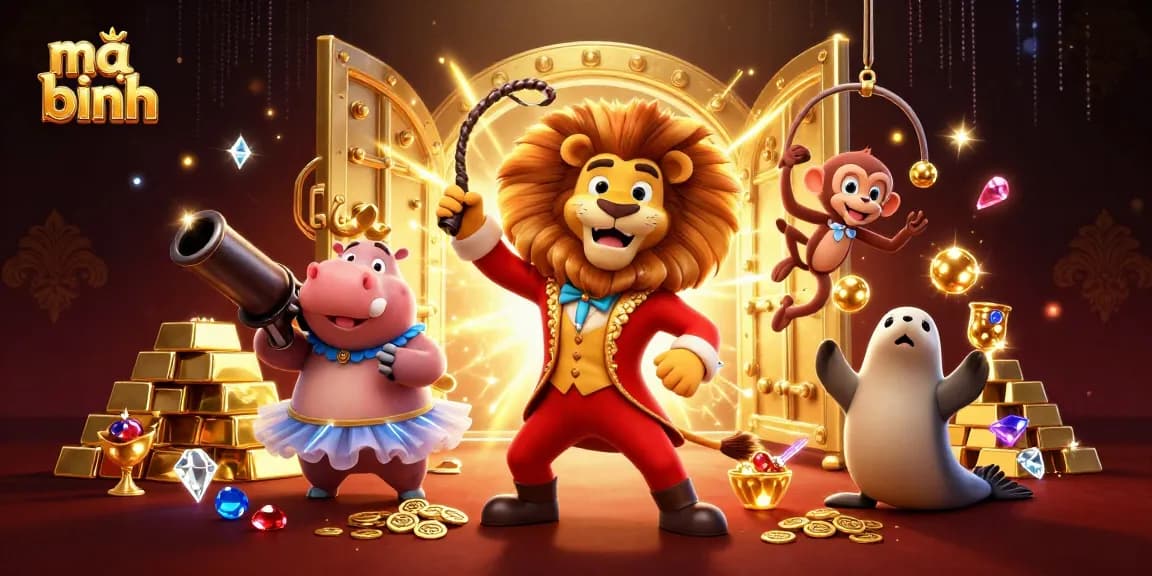 Engage in mậu binh action with dynamic 3D circus characters in a vibrant casino setting.
