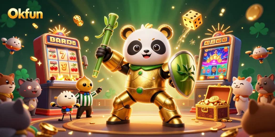 Okfun showcases excitement in a dynamic casino arena with a golden panda robot and stunning slot elements.