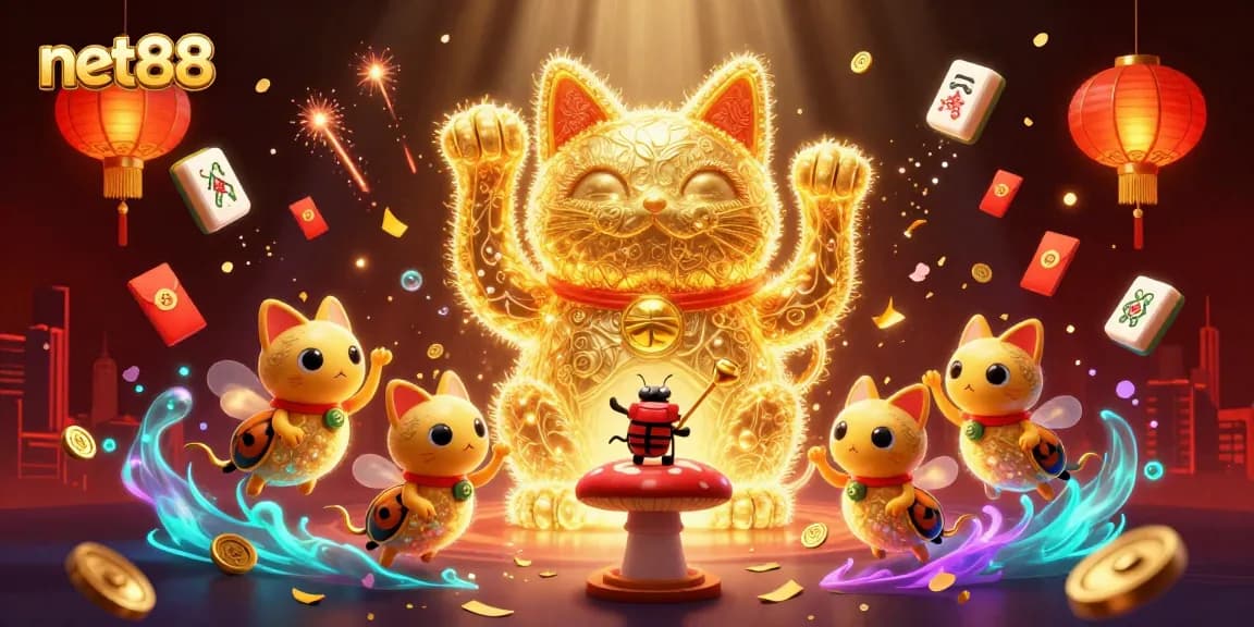 Experience excitement with net88 as golden fireflies create a lucky cat amidst vibrant casino symbols.