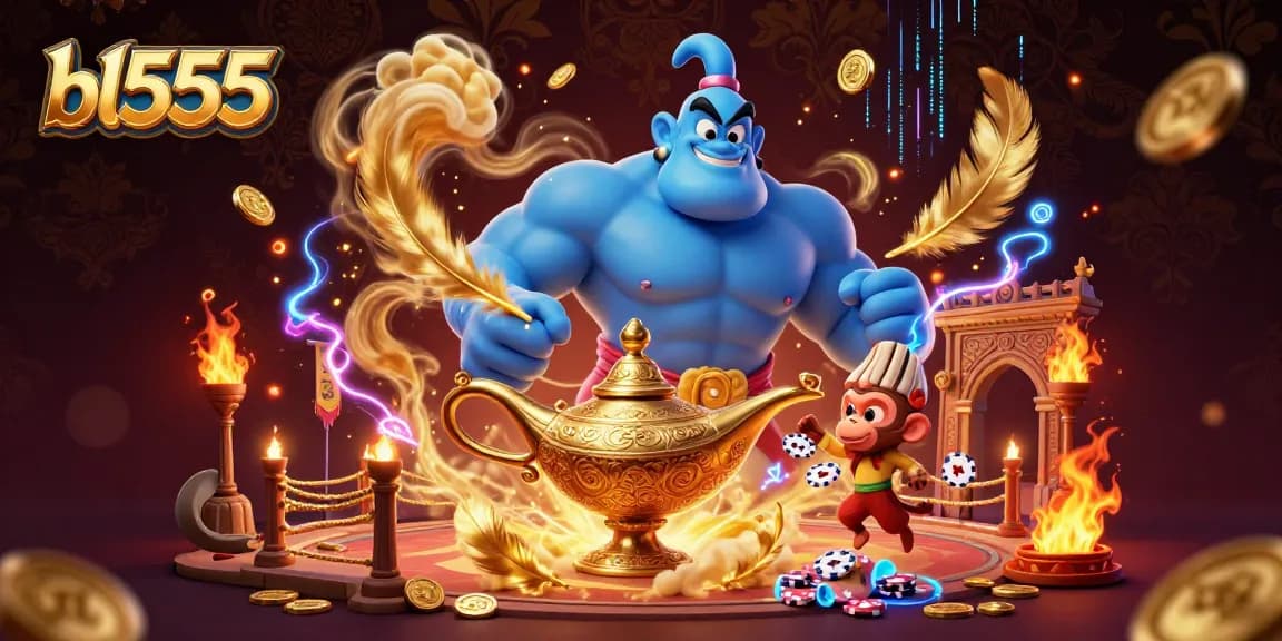 Engage in thrilling gameplay with bl555's vibrant casino illustration, featuring a powerful genie and poker elements.