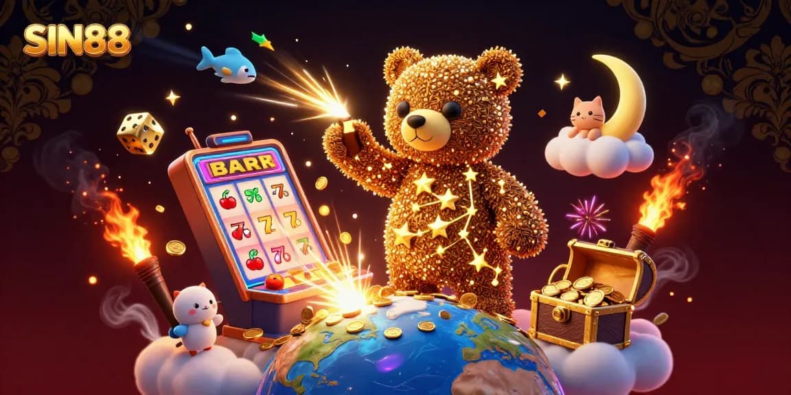 SIN88 jackpot scene with constellation bear scooping coins, vibrant slot machine elements