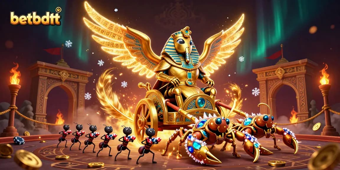 Betbdtt showcases a dynamic gaming scene with a colossal scarab, scorpions, and poker chips.