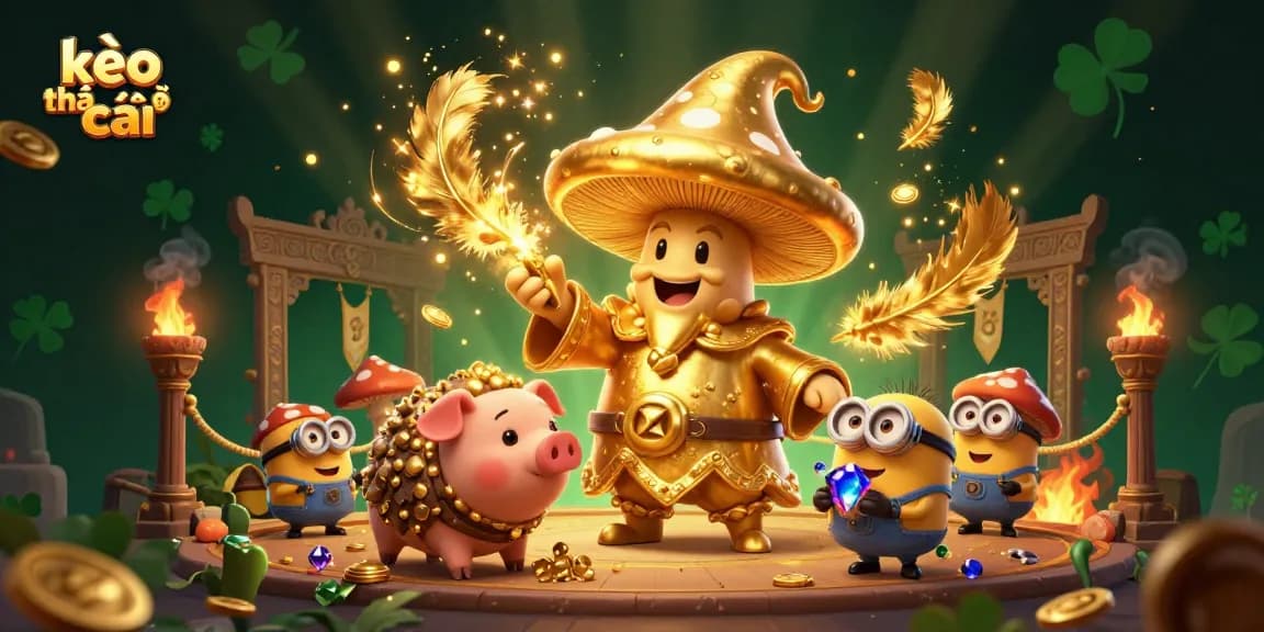 Bet on kèo nhà cái with a golden mushroom wizard and truffle pig in a dynamic casino scene filled with treasures.