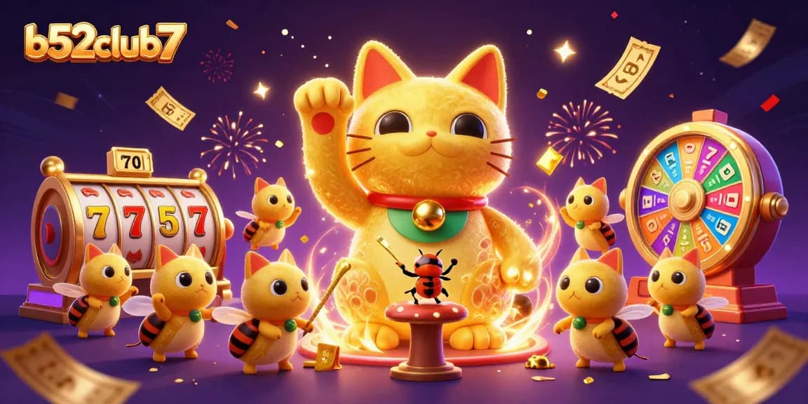 Experience big wins with b52club7 as a colorful lucky cat and vibrant game symbols come to life!