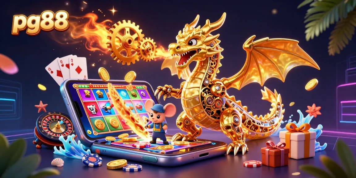 Play exciting slots games with pg88 featuring a vibrant dragon amidst gold and festive casino elements.