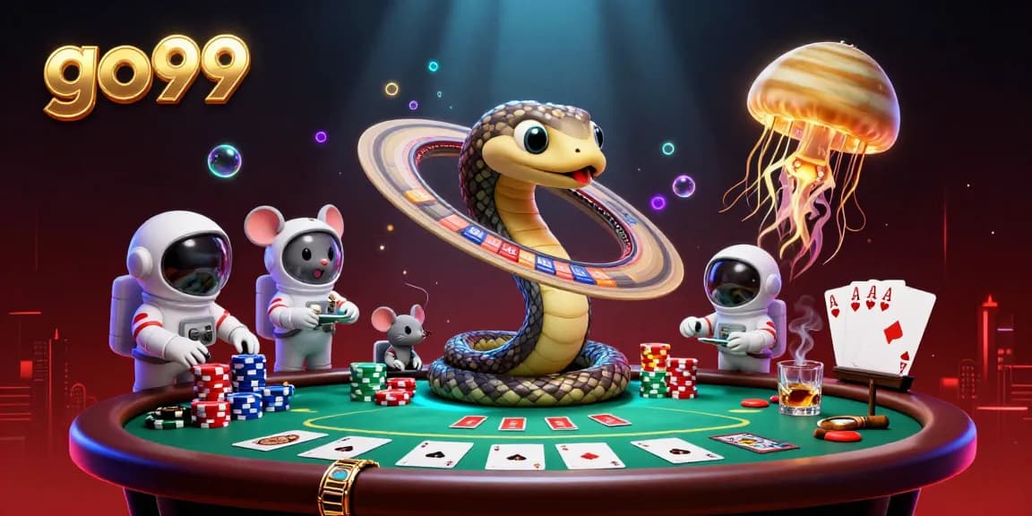 Experience thrilling gambling fun with go99 in a vibrant cosmic casino setting with animated characters.