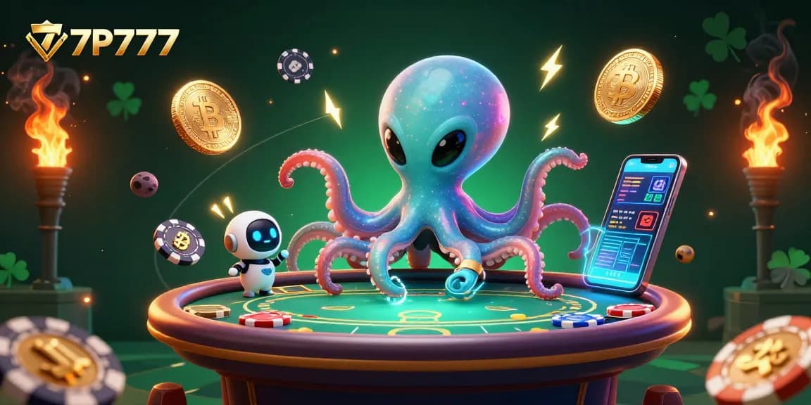 Experience thrilling poker action with the 7P777 alien octopus in a vibrant digital landscape.