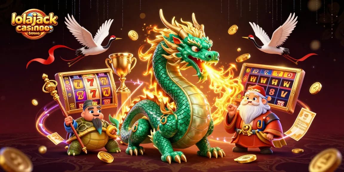Experience the thrill of winning with the lolajack casino bonus featuring a dragon, turtle, and cranes in a vibrant slot scene.