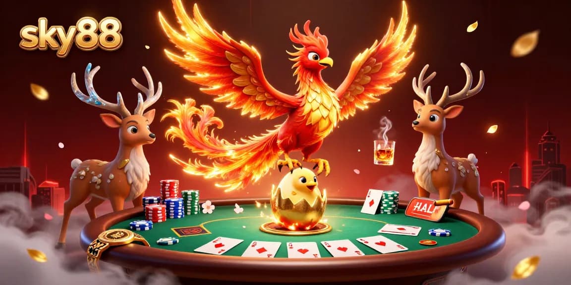 Engage in thrilling gameplay at sky88 with vibrant casino imagery featuring a phoenix, poker elements, and dynamic details.