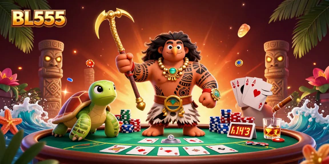 Experience thrilling poker action in BL555 casino with dynamic characters and vibrant visuals.