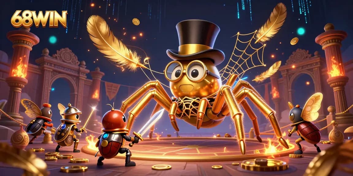 Experience thrilling gameplay at 68WIN with a vibrant casino scene featuring a giant golden tarantula and brave beetle knight.