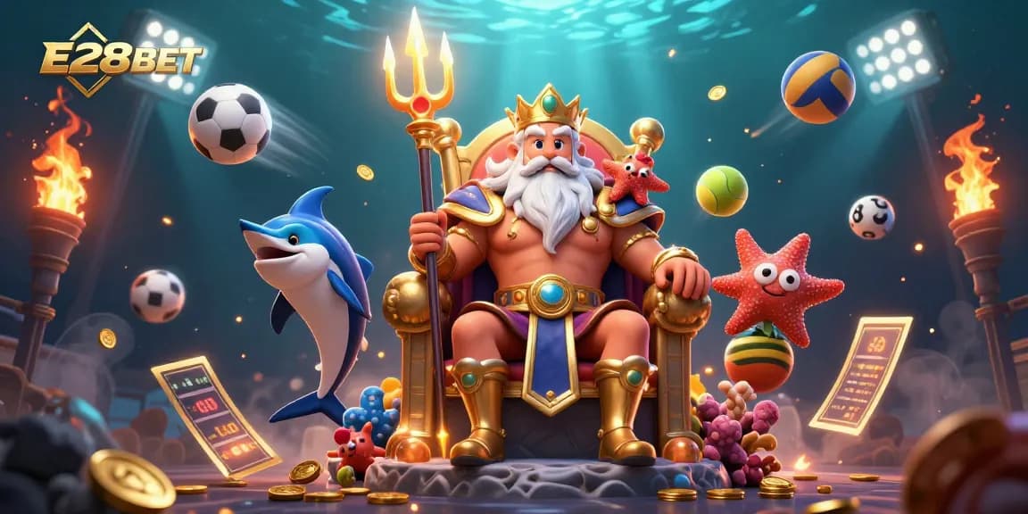 E28BET players engage with dynamic sports betting elements in a vibrant undersea casino scene.