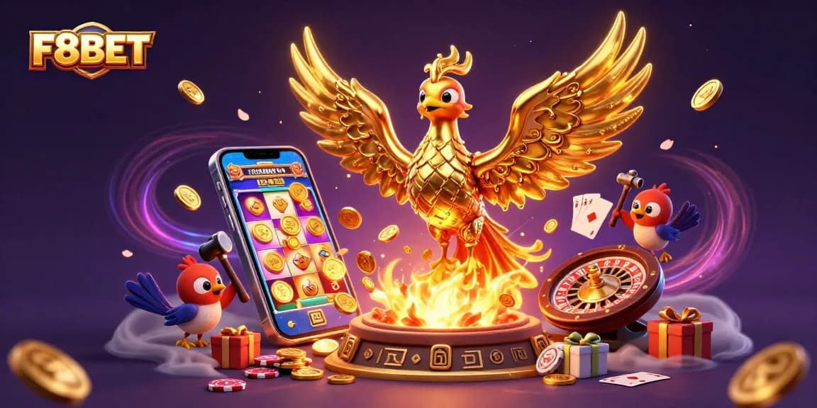 F8BET showcases a golden phoenix and lively gaming elements in a captivating 3D illustration.