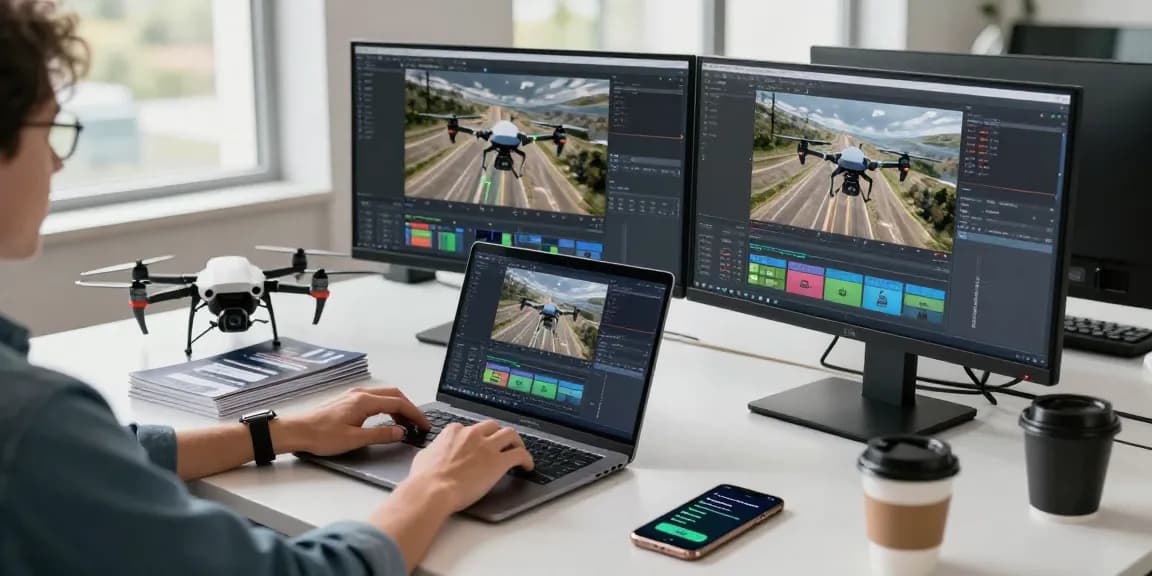 Innovative workspace with F168 drone model and multiple monitors displaying aerial footage and tech tools.