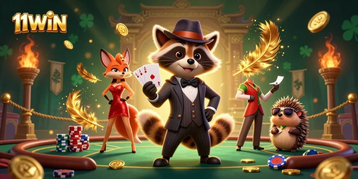 Experience thrilling poker gameplay at 11WIN with our stylish raccoon card player and charming characters.