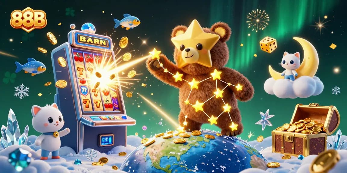 Experience thrilling game action with 88B's vibrant casino scene featuring slot machines, gold coins, and playful characters.