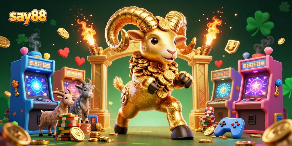 Experience thrilling gameplay with say88 as golden ram charges through a vibrant casino world filled with games.