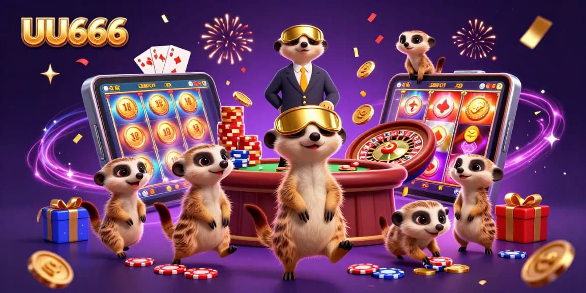 UU666 meerkats orchestrate a vibrant casino scene filled with slot games and festive energy.