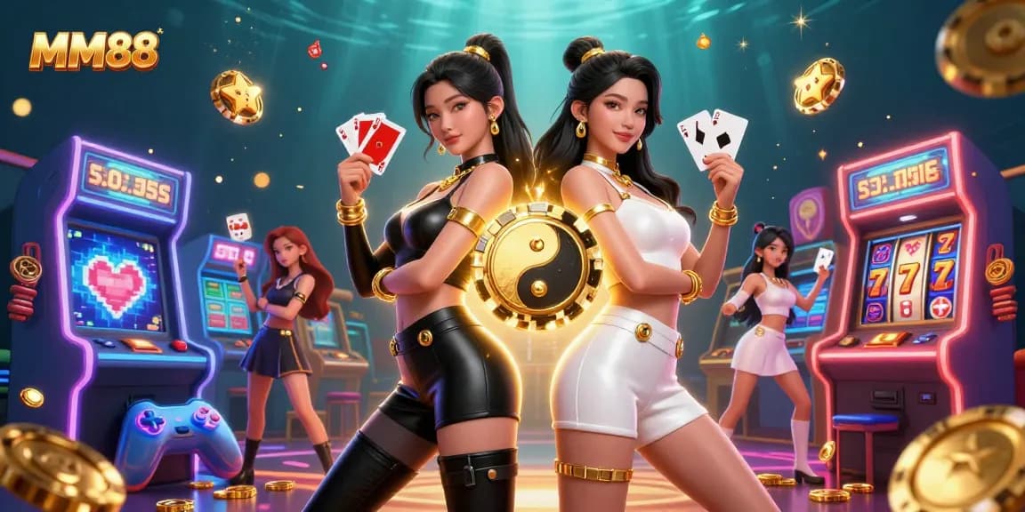 Experience thrill at MM88 with twin Asian women showcasing their gaming prowess holding playing cards in a vibrant casino.