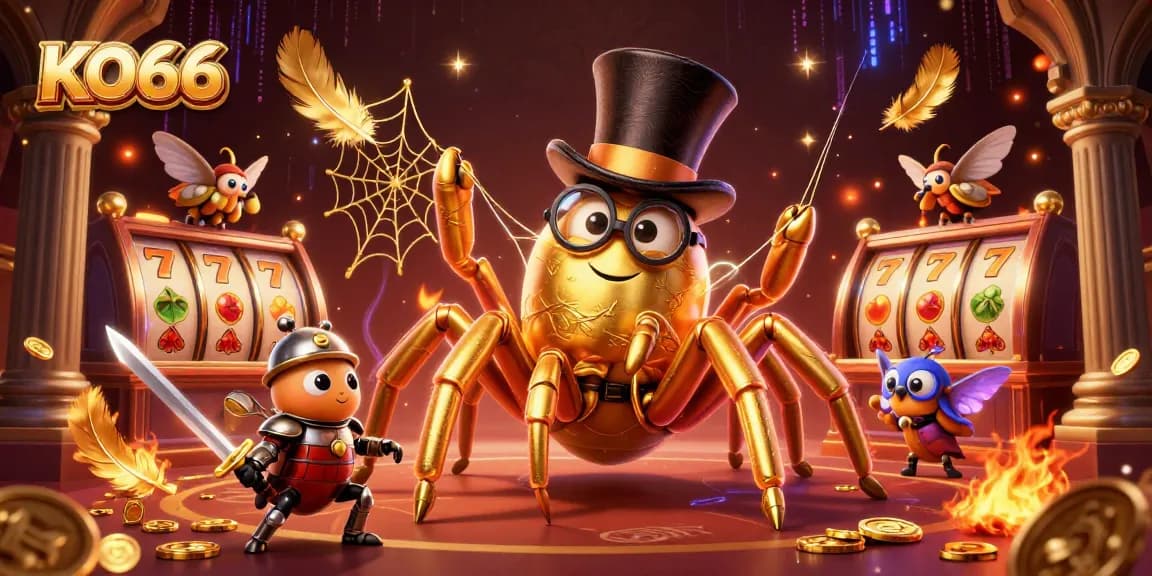 Engage in exciting gambling adventures with KO66, featuring a golden tarantula in a casino.