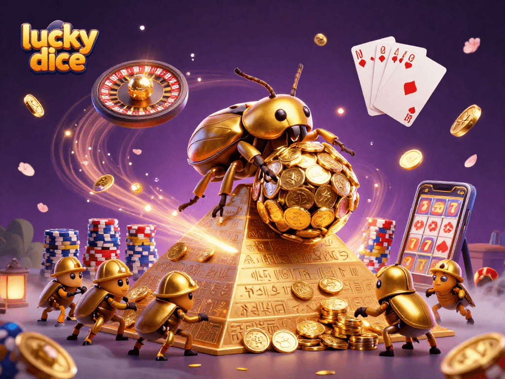 Experience the thrill of lucky dice with a dynamic 3D illustration showcasing colorful casino elements.