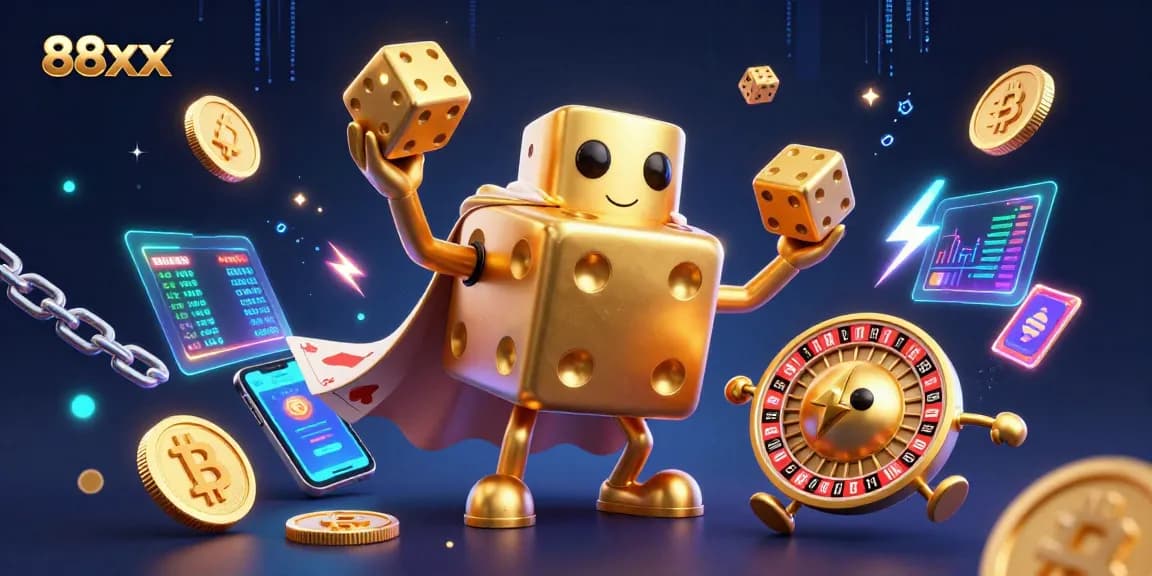 Engage with the vibrant 88xx casino world featuring colorful dice and crypto elements.