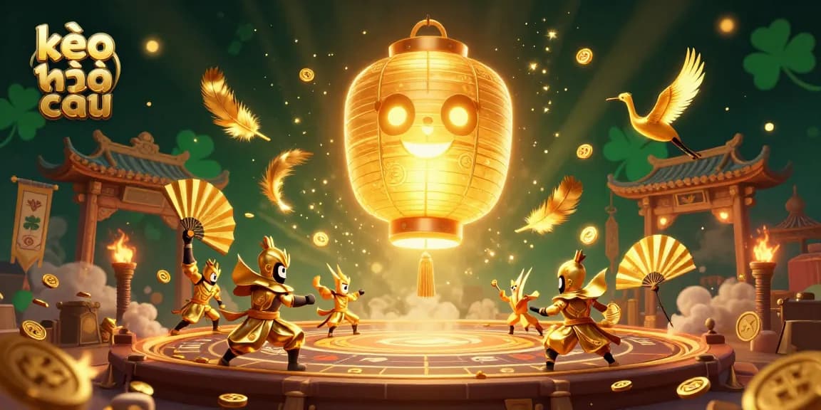 Engage in thrilling kèo nhà cái with a vibrant 3D scene of lucky symbols, golden lanterns, and betting excitement.