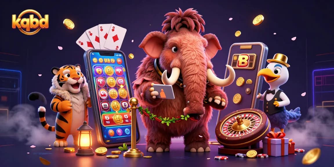 Engage with kqbd's vibrant scene showcasing a mammoth bouncer, a saber-tooth guest, and a dodo doorman amidst lively casino elements.