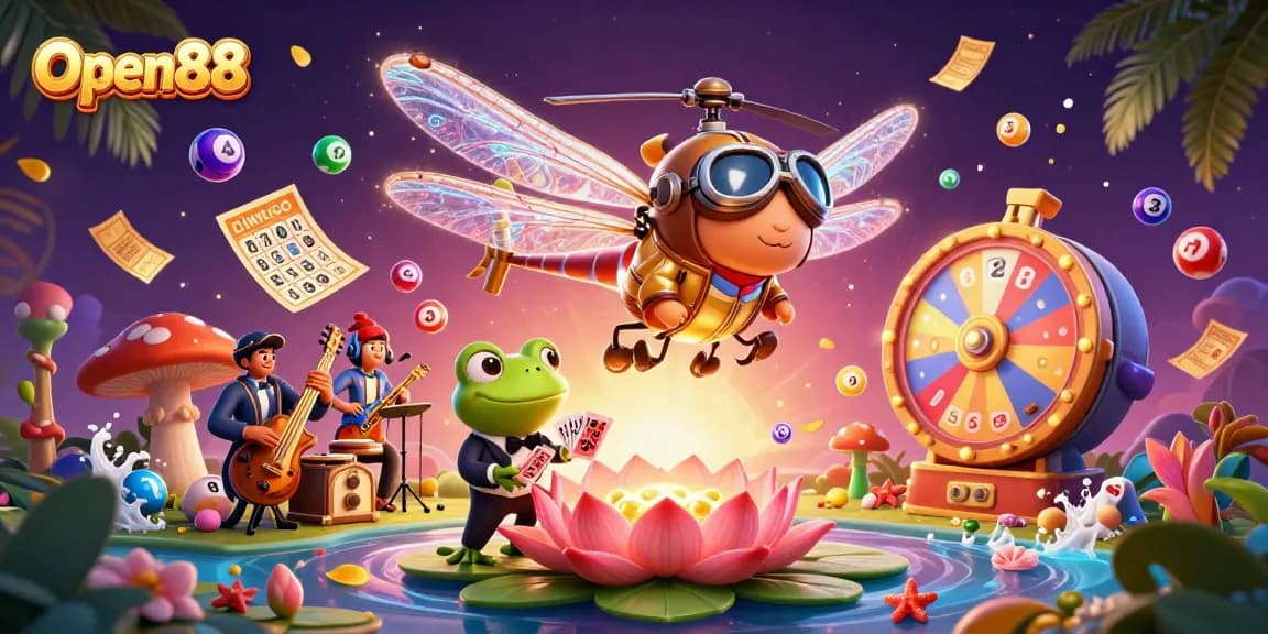 Open88 offers thrilling card games with a dragonfly pilot and vibrant casino elements.