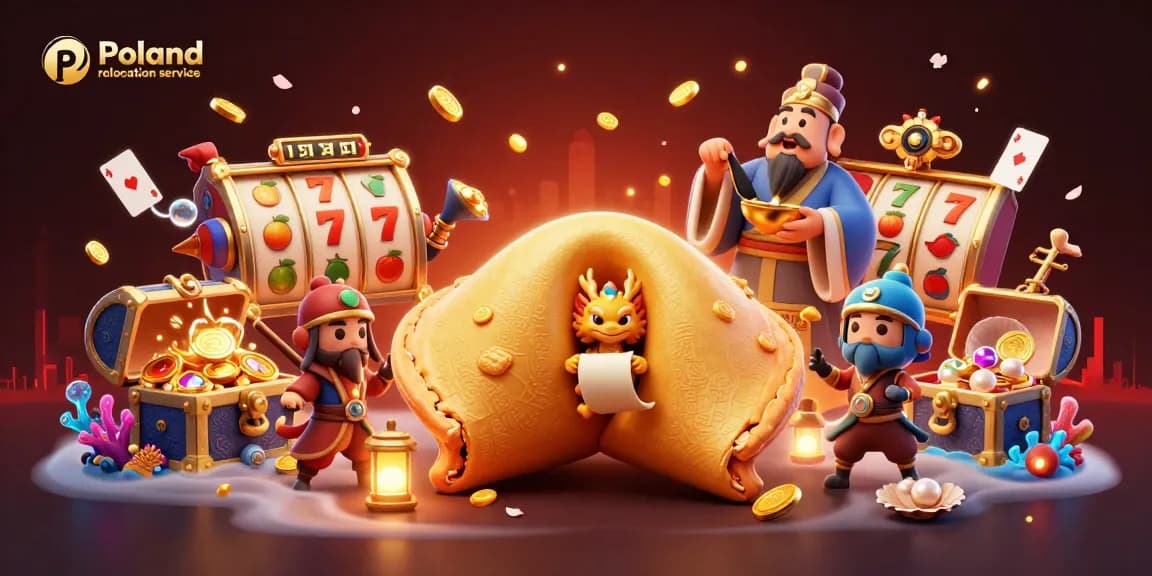 Play thrilling games with Poland relocation service featuring animated fortune cookie and vibrant casino elements.