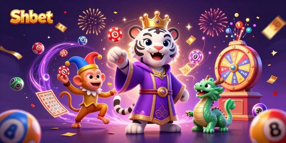 Experience the vibrant atmosphere of Shbet casino with characters and exciting game elements in a festive scene.