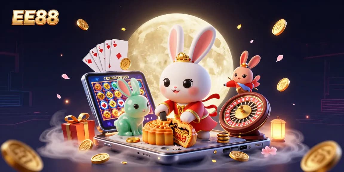 Experience EE88's vibrant scene with a moon rabbit and poker chips surrounded by gaming elements.