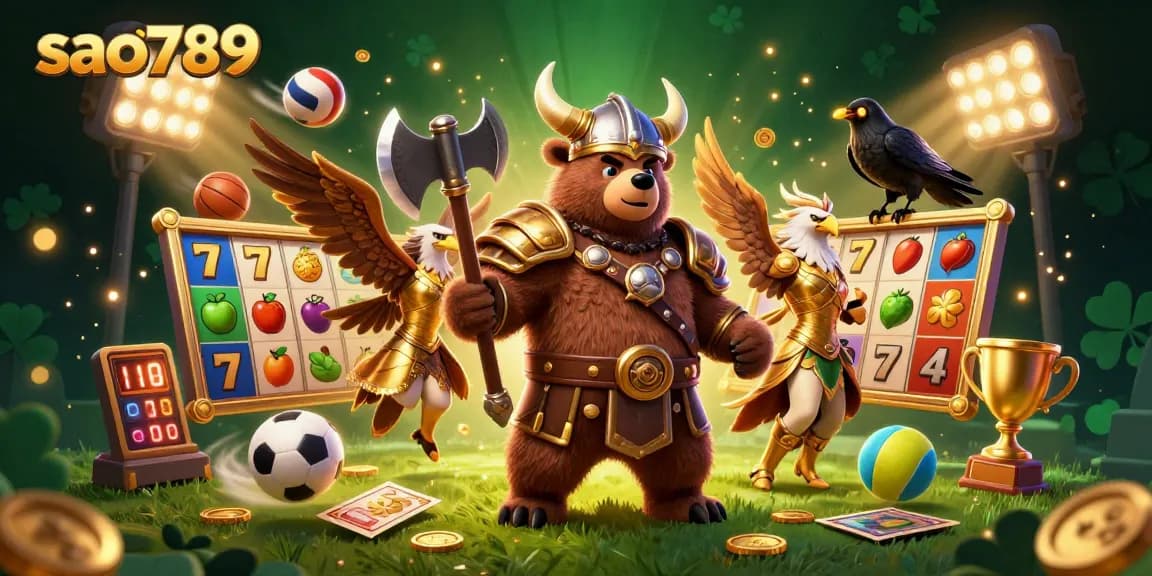 Sao789 provides engaging slot experiences with epic Viking characters in a vibrant scene of jackpots and fun.