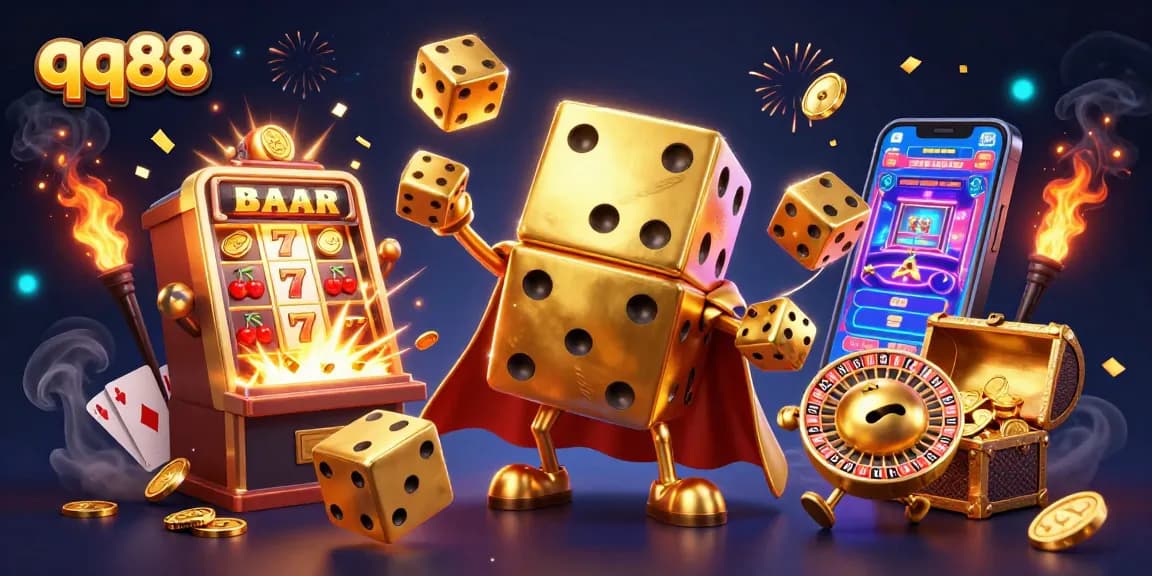 Experience exciting gaming at qq88 with golden dice golems, jackpots, and vibrant casino elements.