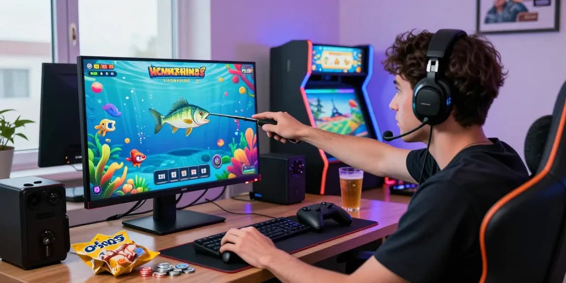 Enthusiastic player enjoying 78win fishing arcade game with dynamic visuals in vibrant gaming environment.