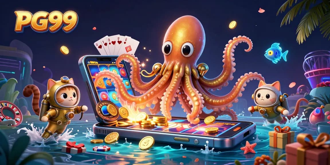 Play and win with PG99, featuring a kraken, diving cat, and vibrant casino elements.