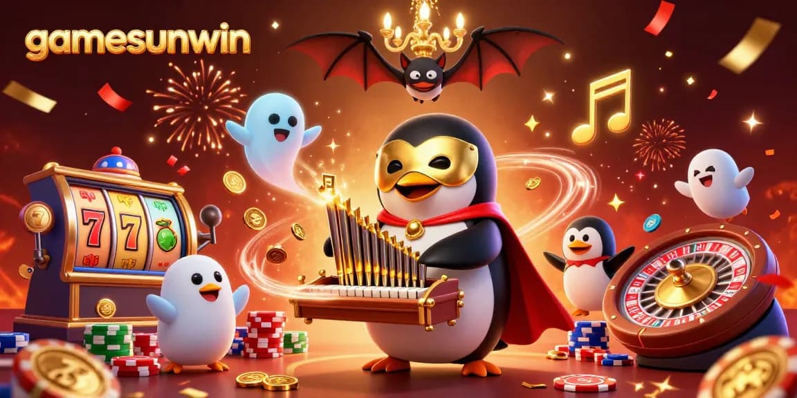Engage in thrilling action at gamesunwin with vibrant slot reels and an animated casino scene.