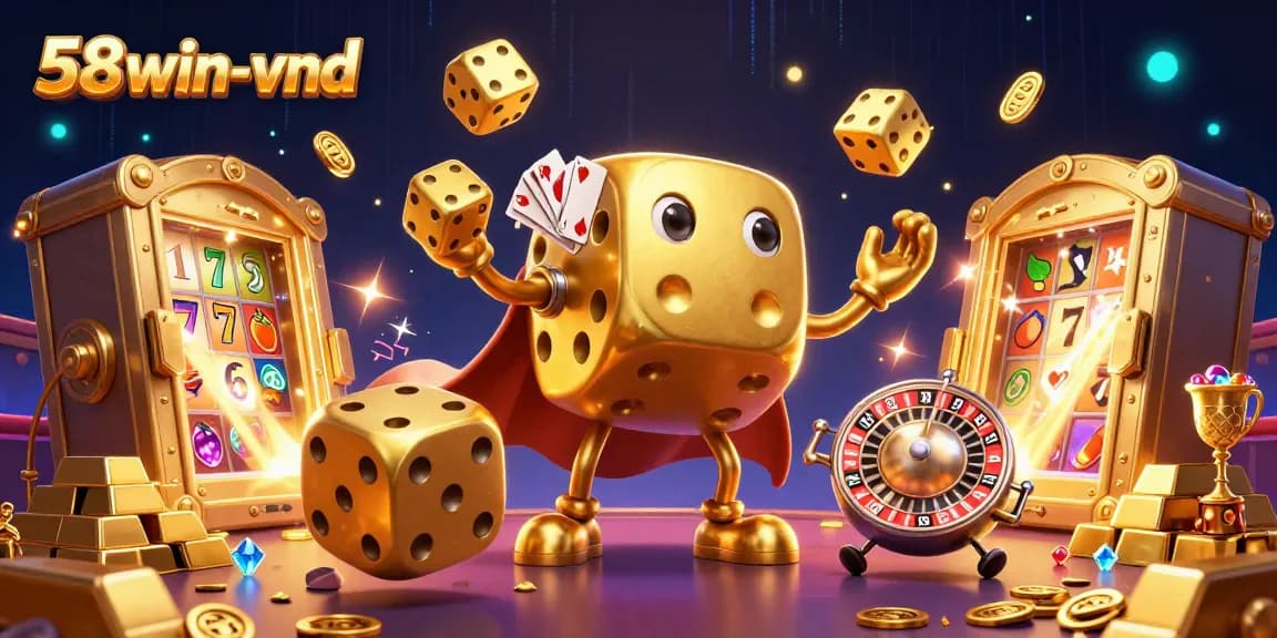 Engage with 58win-vnd's spectacular casino illustration featuring golden dice, slot reels, and treasure.