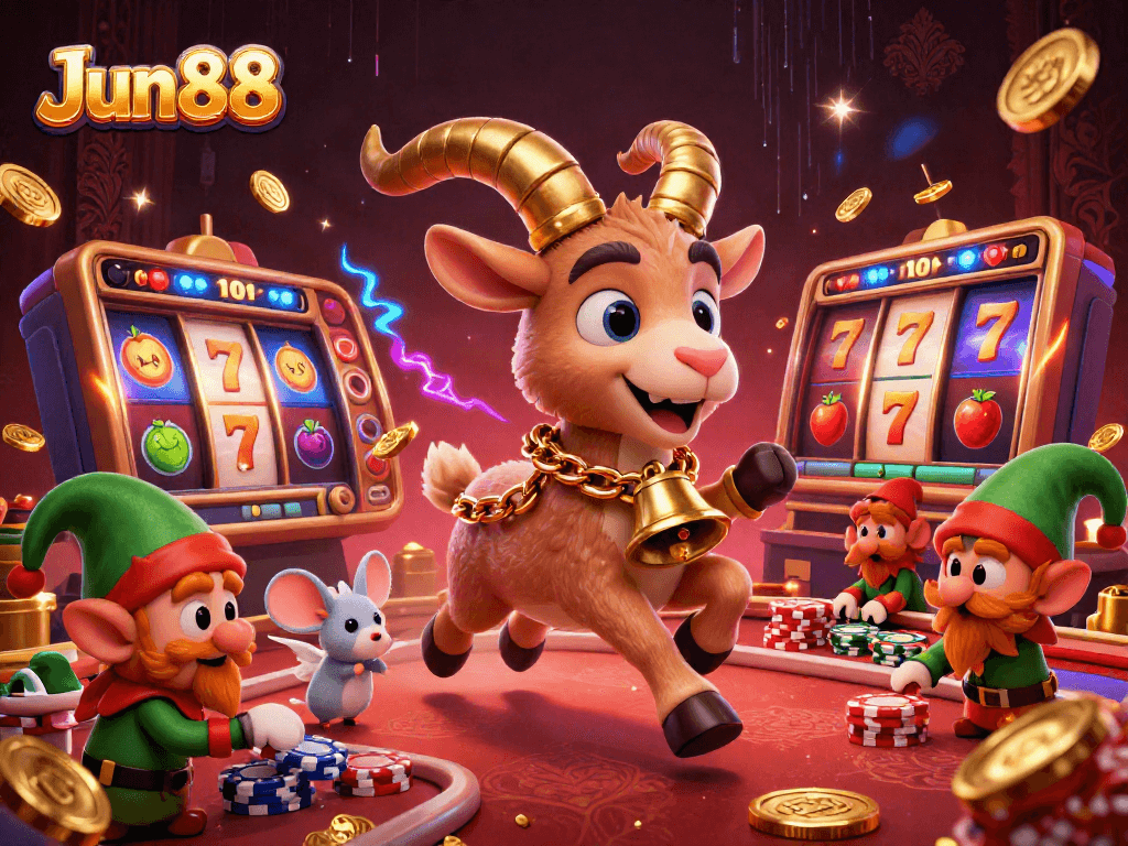 Jun88 features a festive Krampus goat managing a thrilling holiday-horror casino experience.