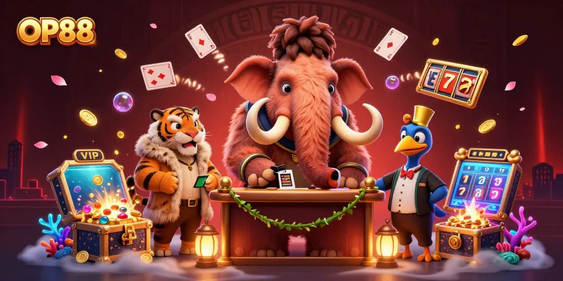 Engage with OP88 at a vibrant casino scene featuring characters and treasure from a digital illustration.
