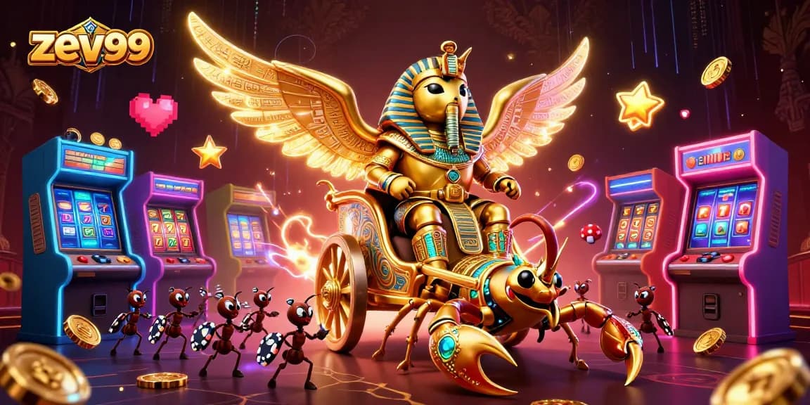 Experience zev99 with an energetic scene of a pharaoh beetle riding a chariot surrounded by casino-themed elements.