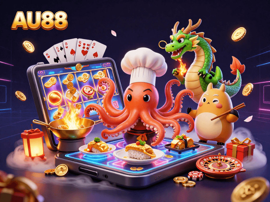 Spin and win with AU88's vibrant casino scene featuring an octopus chef, dragon, and tanuki.