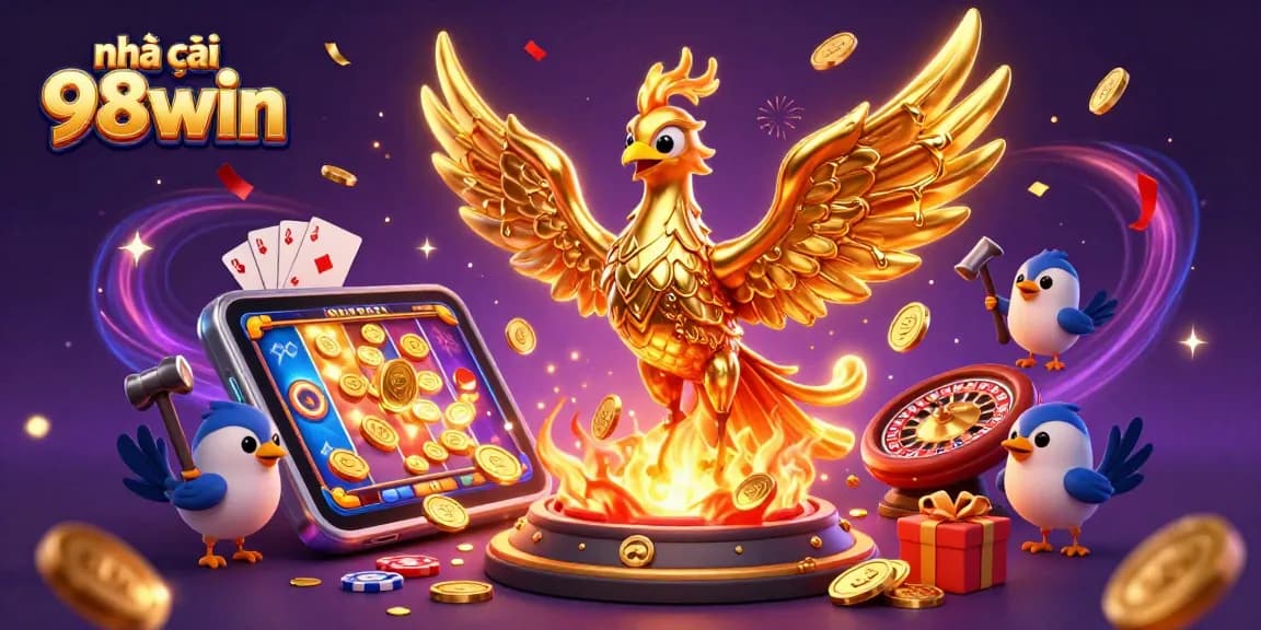 Engage with nhà cái 98win's exciting gaming world featuring a golden phoenix and dynamic casino elements.
