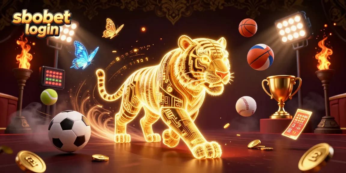 Experience sbobet login with vibrant visuals of a digital casino landscape featuring a golden tiger and sports elements.