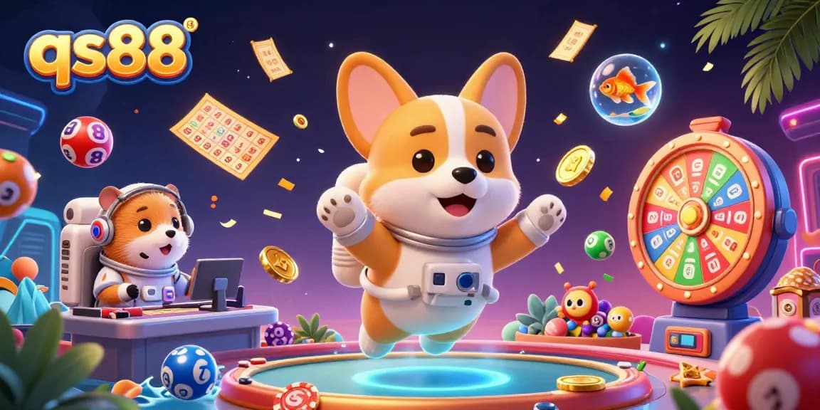 Experience the excitement of qs88 with a playful corgi in a floating space casino surrounded by vibrant gaming elements.