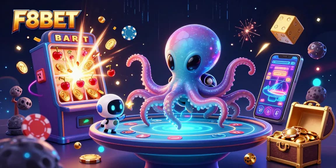 Experience the thrill of F8BET with an exciting 3D casino scene and dynamic alien characters.